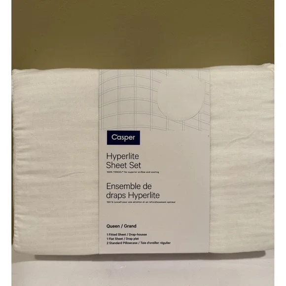 Casper Hyperlite Cooling Grid Weave 100% Lyocell WHITE 4pc QUEEN Sheet Set NWT!