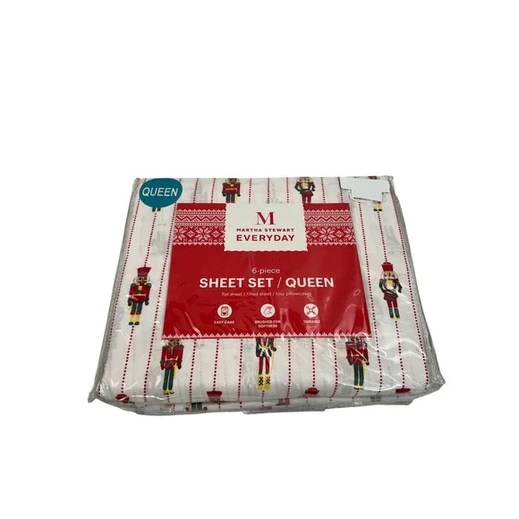 Martha Stewart Sheet Set Queen White Nutcracker Holiday 6pc Bedding Set