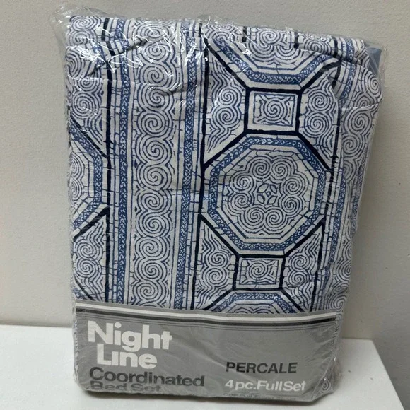 Night Line Vintage Blue White Geometric Percale 4pc Full Sheet Set No-Iron NEW