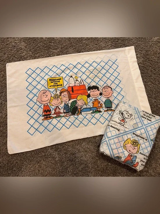 Vintage 1971 Snoopy Peanuts HAPPINESS IS Twin Fitted Sheet & Pillowcase