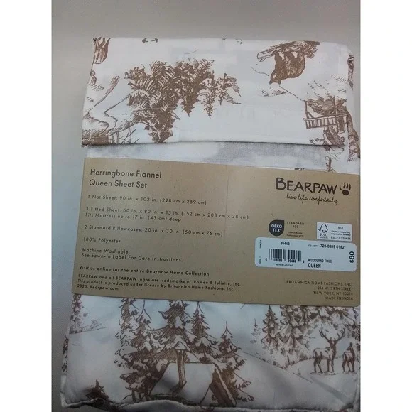Queen Flannel Sheets-Bear Paw-Queen‎ Size Fitted Set-Herringbone-Woodland