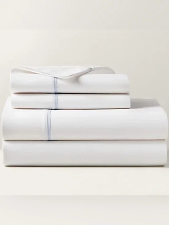 Ralph Lauren White percale organic cotton flat sheet light Blue Trim