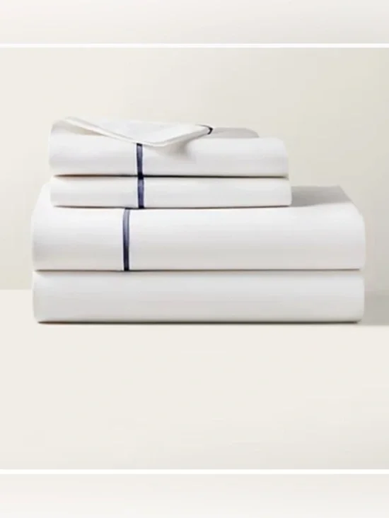 Ralph Lauren White organic cotton with Navy Stripe Flat Sheet