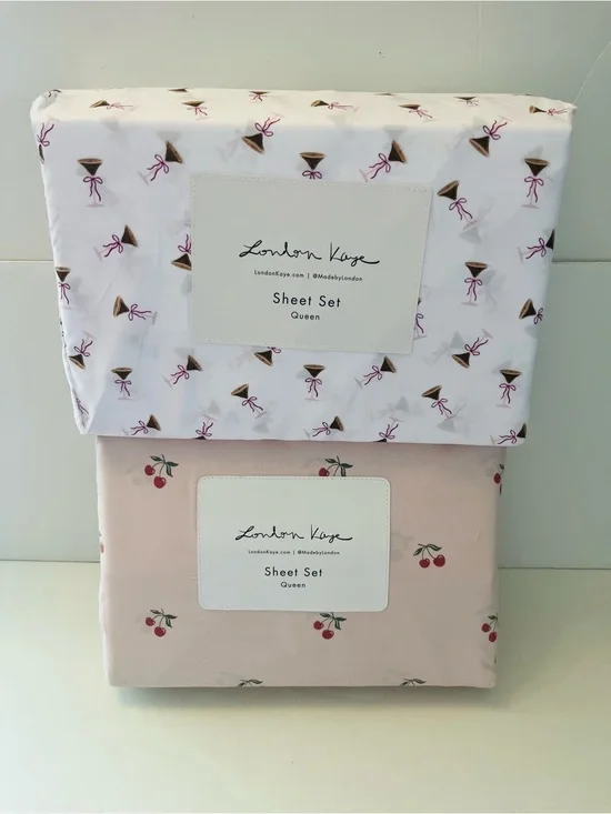 London Kaye Queen Sheet Sets Lot of 2 Petite Cherries & Cafe Espresso Martini