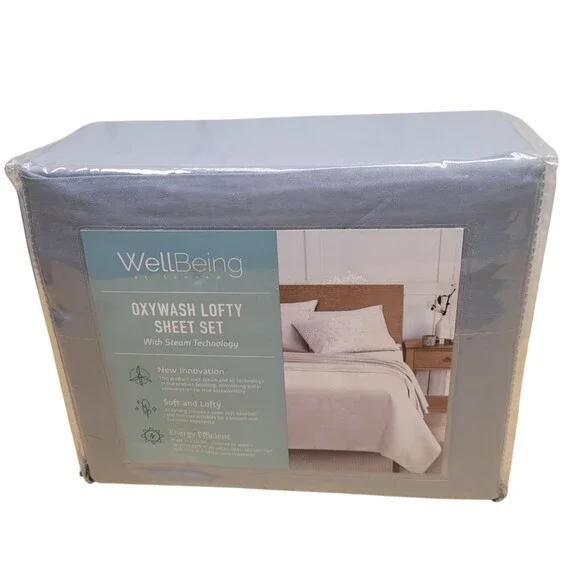 WELLBEING OXYWASH LOFTY 300 THREAD COUNT KING SHEET SET BLUE STEAM TEGHNOLOGY