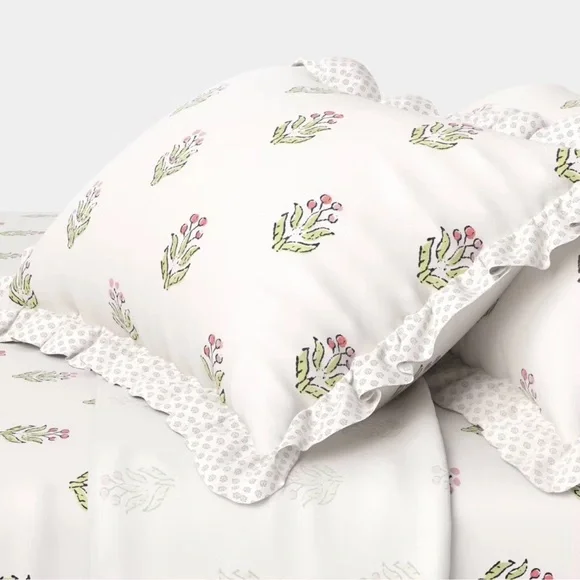 Studio McGee Threshold QUEEN Teen Block Print Ruffle Sheet Set Pink/Cream NEW