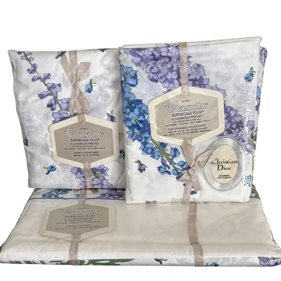 Vintage | Christian Dior | Wamsutta | Double Sheet Set | Floral Larkspur | NEW