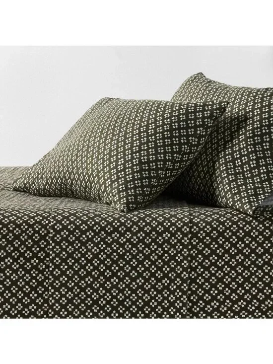 Threshold Flannel King Size 4 Piece Sheet Set Dark Green Geo Print OPEN PACKAGE