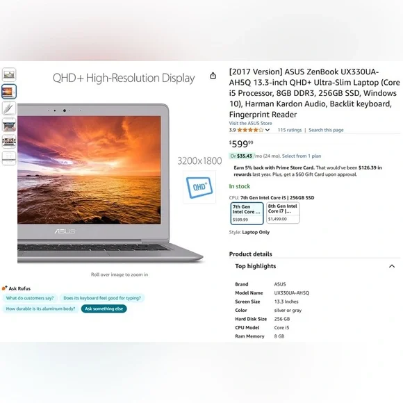 2017 Version ASUS ZenBook UX330UA-AH5Q 13.3-inch QHD+ Ultra-Slim Laptop i5