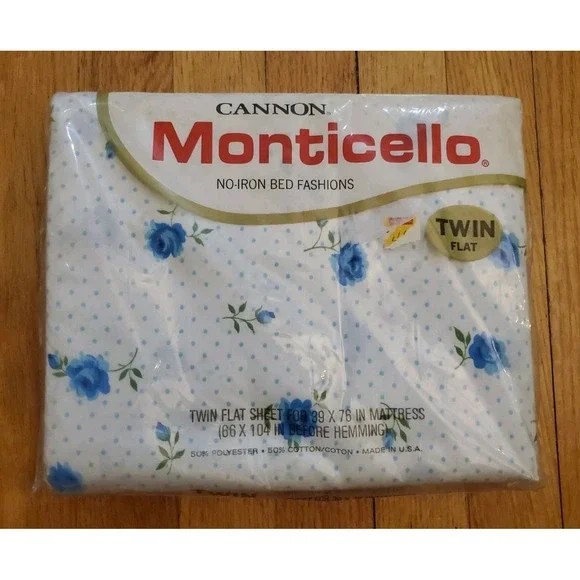 New Vintage Cannon Monticello Blue Roses Dotted Twin Flat Percale Sheet