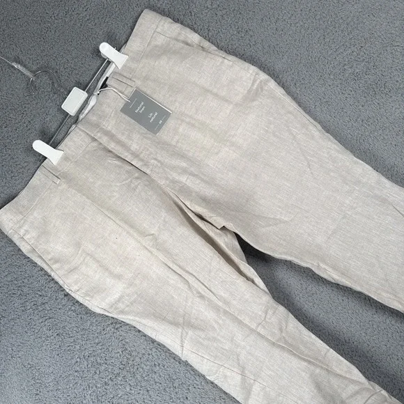 H&M Linen Pants Mens 46x30 Slim Fit Cropped Tan Summer Trousers Beach Resort