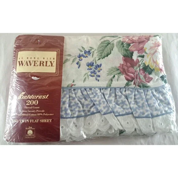 NEW Vintage Waverly Belle Rive Twin Flat Sheet Ruffled Pima Cotton Blend Cottage