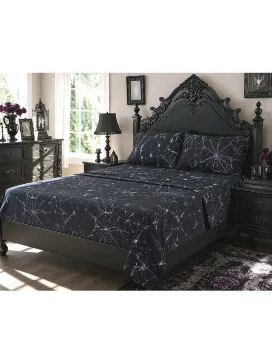 Dolls Kill Dolls Home Spider Webs Gothic Goth Halloween Sheet Set Black White