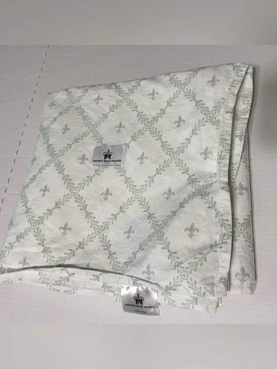 Historic Royal Palaces QUEEN Flat Sheet  Only Fleur de Lis White/Seafoam Cotton