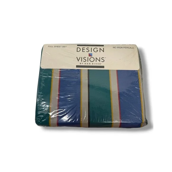 Design Visions Dan River Full Sheet Set Teal Blue Stripe Vintage 90s NOS Percale