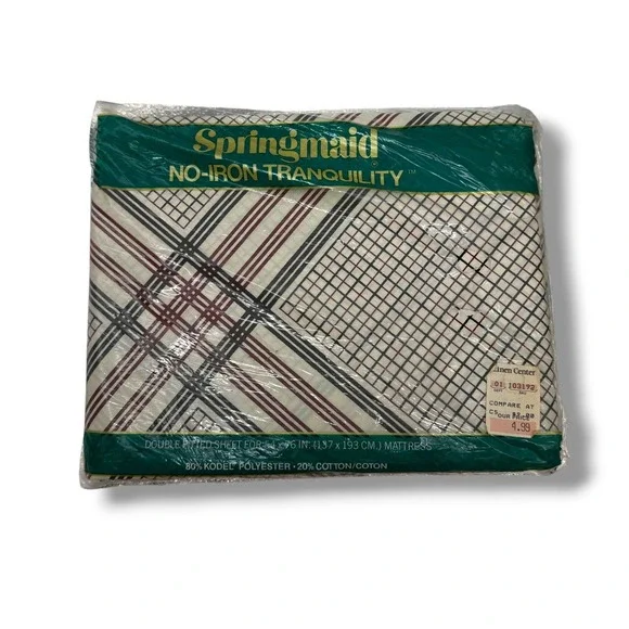 Springmaid Towne Squares Full Fitted Sheet Plaid USA Vintage NIP Deadstock NOS