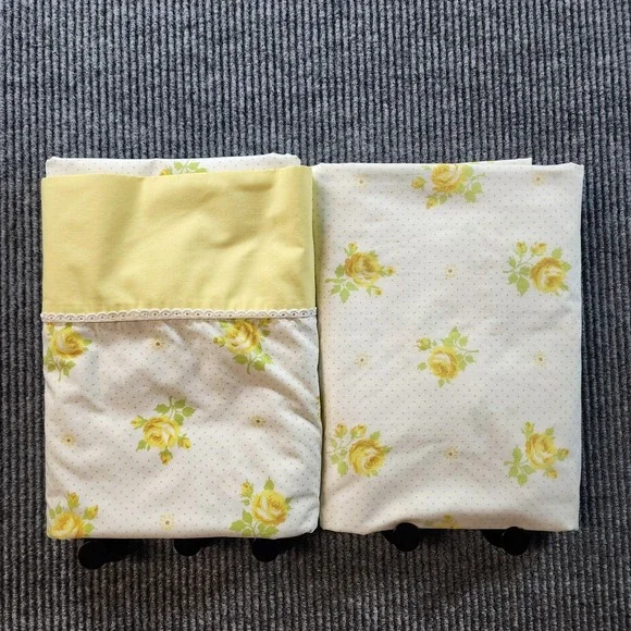 Vintage Wamsutta Yellow Rose Floral Sheet Set Double Flat Fitted Ultra Percale