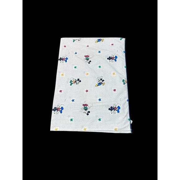 Vtg 90s Disney Mickey Mouse Flat Sheet Full White Navy Polka Dots Primary Stars
