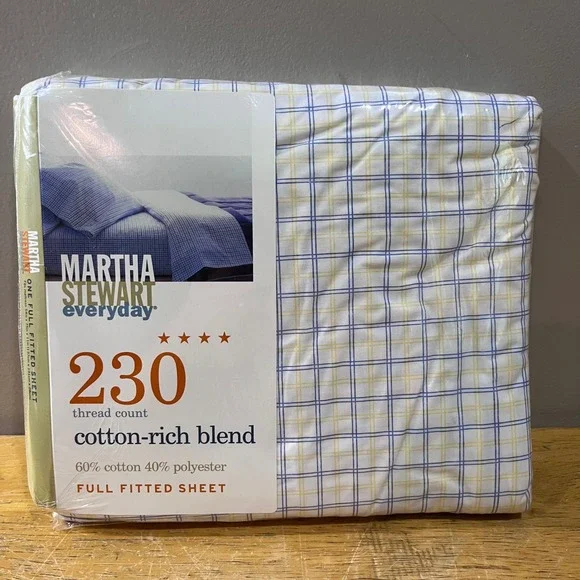 Vtg Martha Stewart Everyday Full Fitted Sheet 230 TC Plaid Blue Yellow 2000 NEW