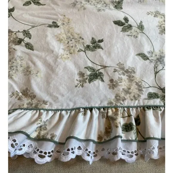 Vintage Waverly Flat Sheet Sage Hydrangea King Ruffles Eyelet 100% Cotton USA