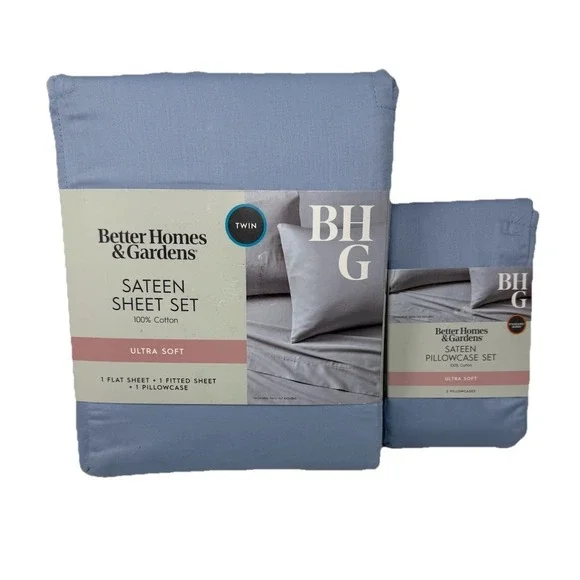 Better Homes And Gardens Sateen Ultra Soft 100% Cotton Sheet‎ Set Twin Blue New