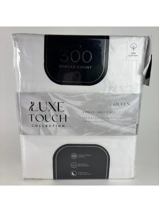 Luxe Touch Collection 4 Piece Queen Sheet Set White Cotton 300 Thread Count NWT