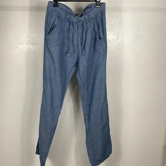 The Point Zero Experience Blue Cotton Linen Blend Roll Up Travel Pants