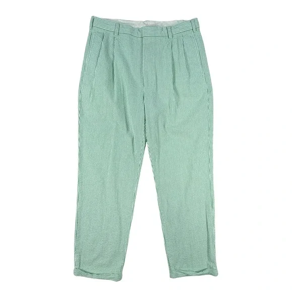 VTG Jos A Bank Mens Green White Seersucker Pleated Pants Striped Trousers 36x32