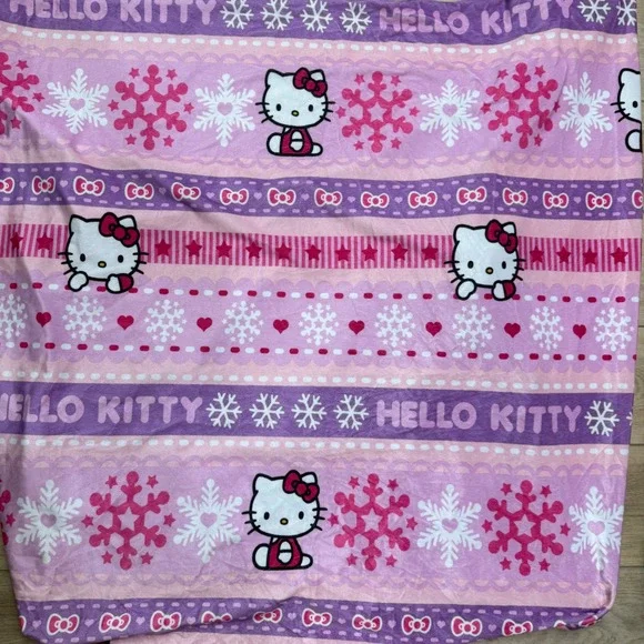 Hello Kitty Plush Twin Fitted Sheet Sanrio Pink Winter Snowflake Soft READ
