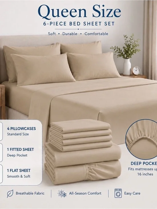 Queen Size 6-Piece Sheet Set - Beige Comfort Bedding