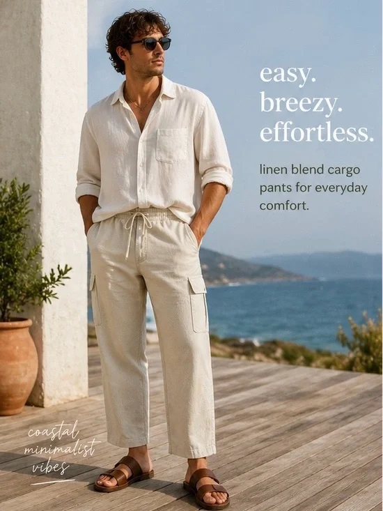 John Henry Linen Blend Drawstring Cargo Pants Relaxed Fit Neutral Khaki 36-38
