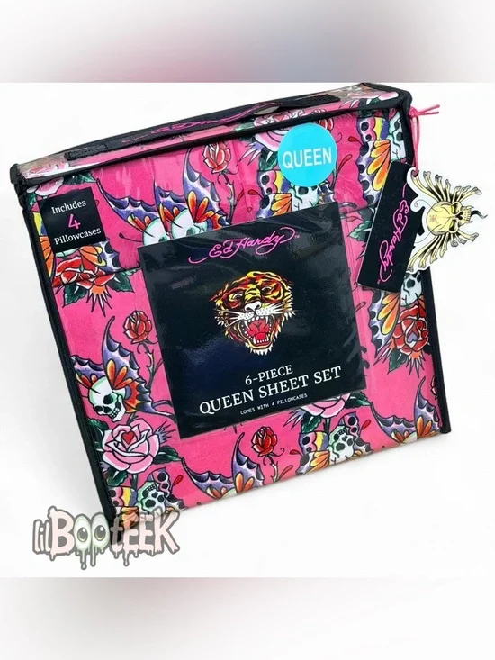 Ed Hardy QUEEN Pink Butterfly Rose Tattoo 6 Piece Sheet Set NEW VIRAL Y2K