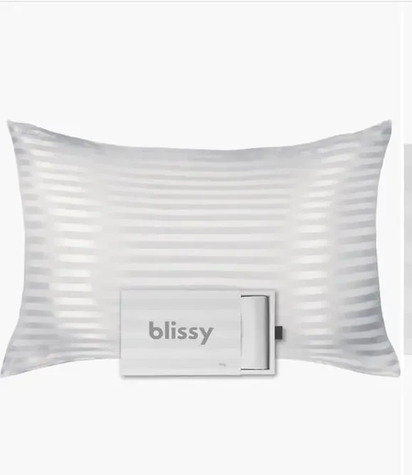 Blissy 22 Momme White Stripe Standard Silk Pillowcase Zipper Closure NIB