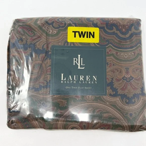 Lauren Ralph‎ Lauren Twin Flat Sheet Paisley Navy Green Burgundy Gold New NIP