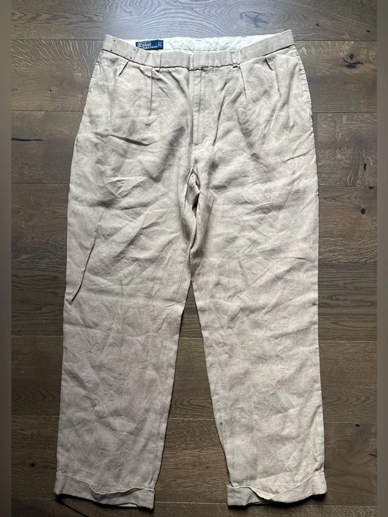 Polo By Ralph Lauren 100% Linen Pants Cuffed Pockets Old Money Tan Size 38x32
