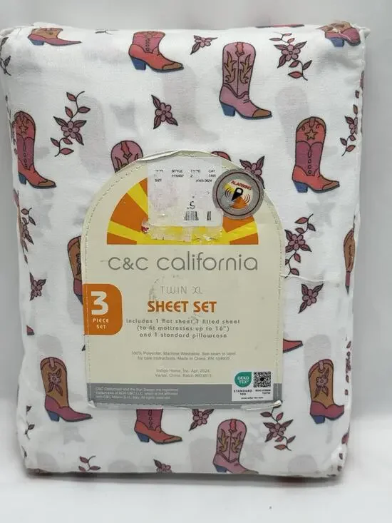 C & C California Sheet Set 3-pc Twin Size Cowgirl Cowboy Boots Western Rodeo NWT