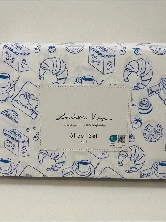 London Kaye Parisian Pastry Full Size Sheet Set White Blue Croissant Coffee