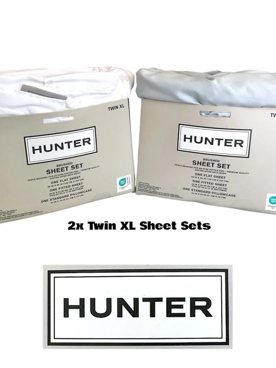 2x HUNTER Twin XL Triple Brushed Sheet Sets White & Light Dusty Blue-Grey