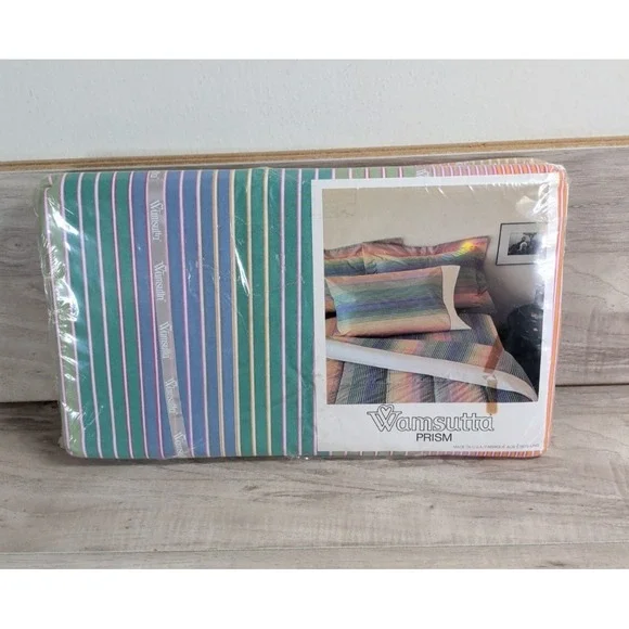 Vintage 1980s Wamsutta Prism Twin Fitted Sheet Striped Rainbow NEW Sealed