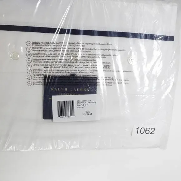 New Ralph Lauren Organic Cotton Percale Palmer Twin Flat Sheet White/Polo Navy