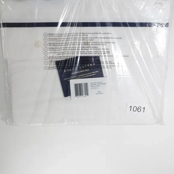 New Ralph Lauren Organic Cotton Percale Palmer Twin Flat Sheet White/Polo Navy