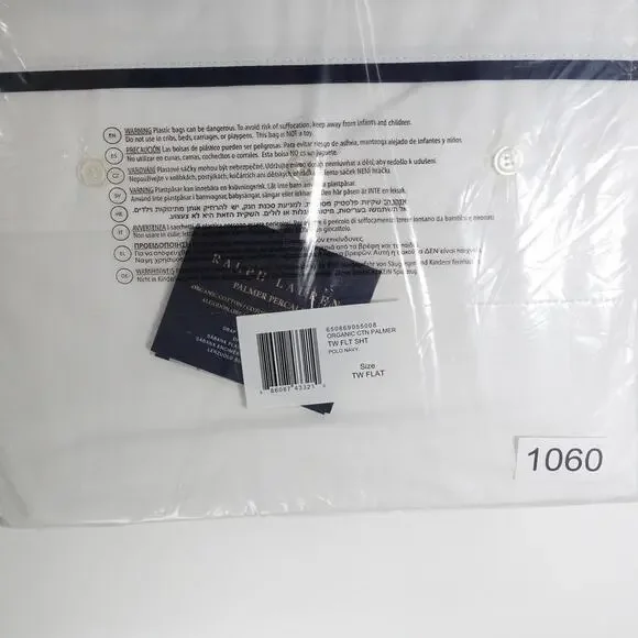 New Ralph Lauren Organic Cotton Percale Palmer Twin Flat Sheet White/Polo Navy