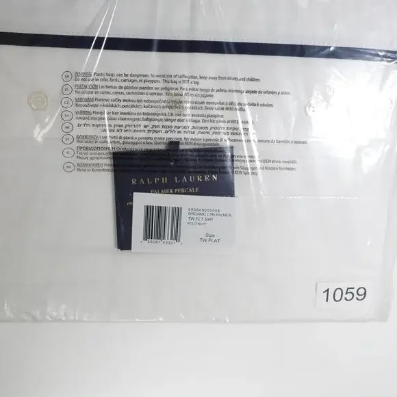 New Ralph Lauren Organic Cotton Percale Palmer Twin Flat Sheet White/Polo Navy