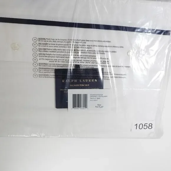 New Ralph Lauren Organic Cotton Percale Palmer Twin Flat Sheet White/Polo Navy