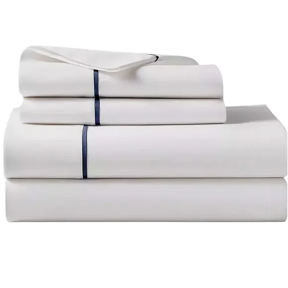New Ralph Lauren Organic Cotton Percale Palmer Twin Flat Sheet White/Polo Navy