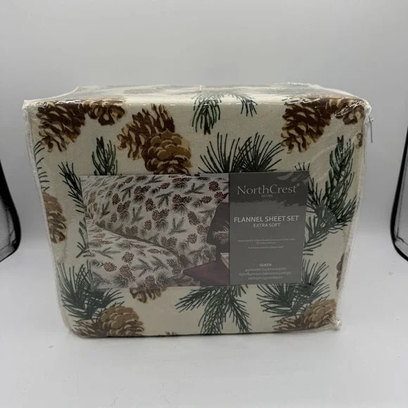 North Crest Home Flannel Sheet Set QUEEN Extra Soft Pine Cones Trees NEW
