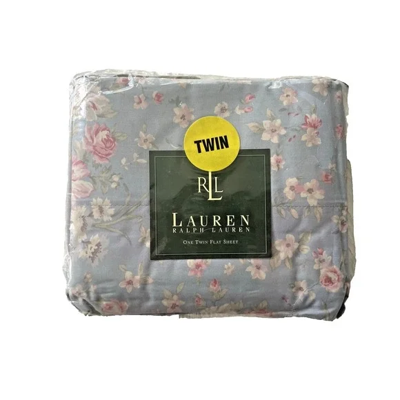 Vtg New Ralph‎ Lauren Shelter Island TWIN Flat Sheet Blue Pink Roses