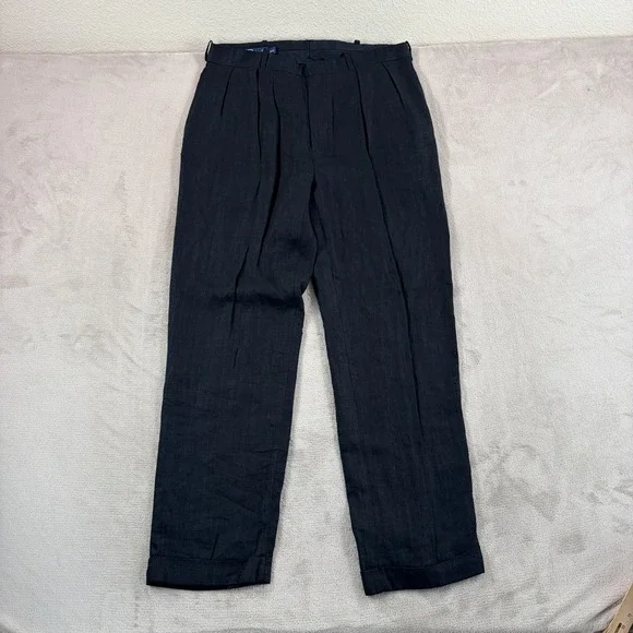Vintage Polo Ralph Lauren Cuffed Pleated Trouser Pants Black 100% Linen 36x32