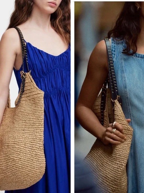 Madewell Woven Straw Tote Bag with Black Studded Straps