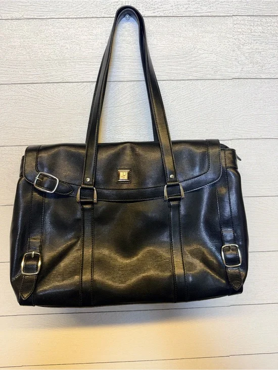 Diane Von Furstenberg Black Textured Leather Tote with Silver Buckles